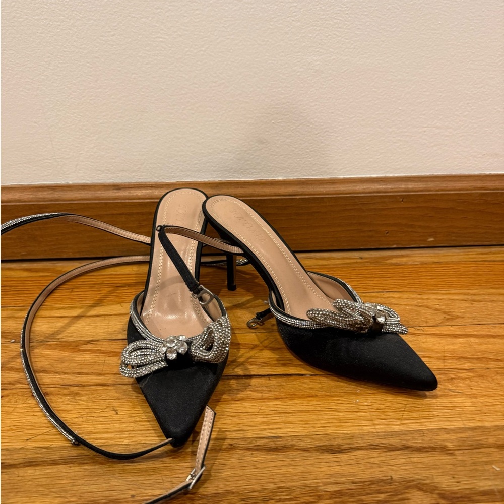 Black Embellished Pointed-Toe Slingback Heels